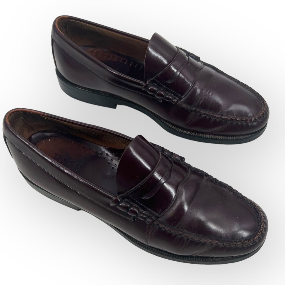 Bass Men's Wine Burgundy Preppy Leather Slip On Penny Loafer Dress Shoes Sz 9M